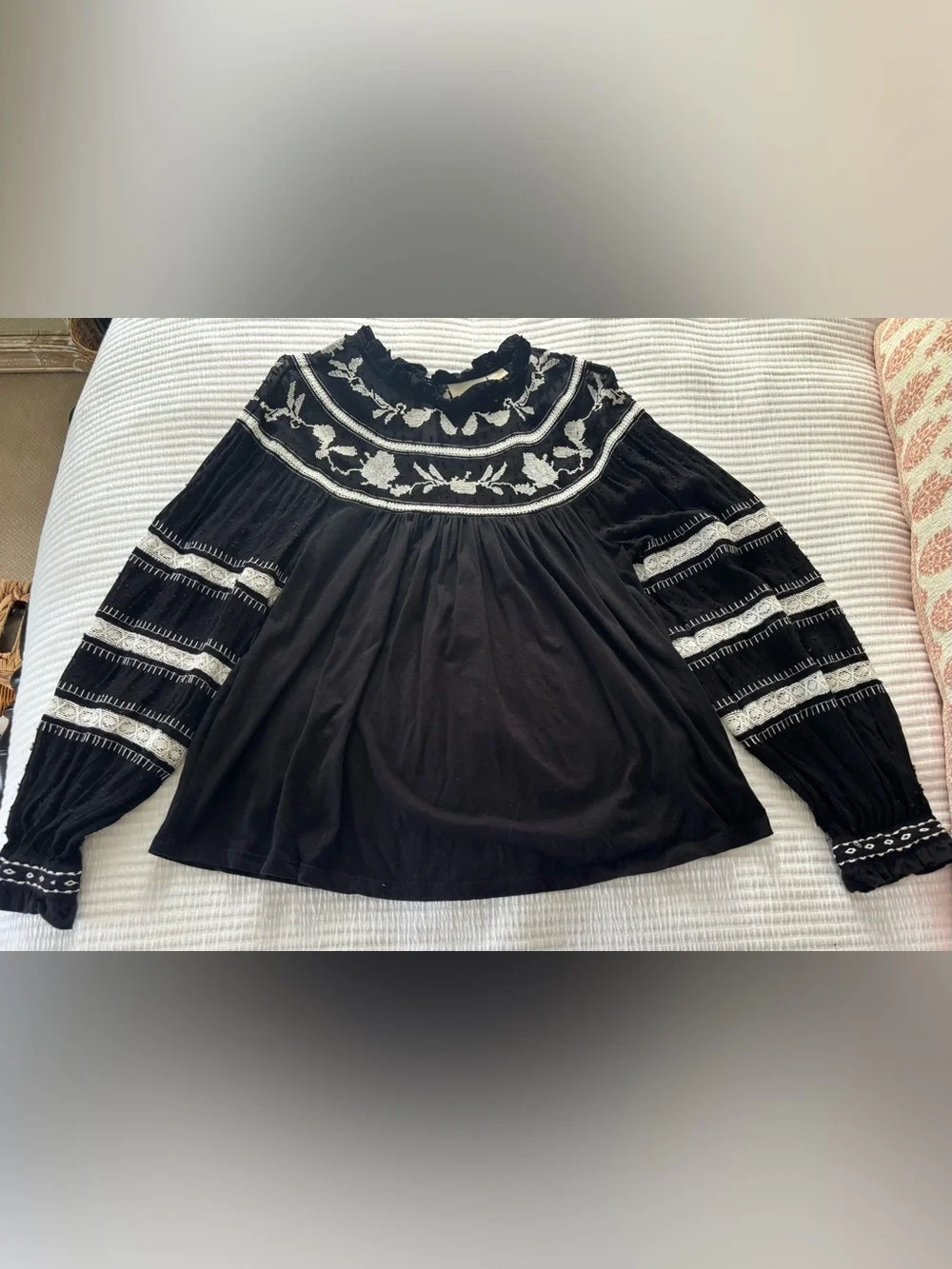 Anthropologie Black Blouse with White Floral Yoke
